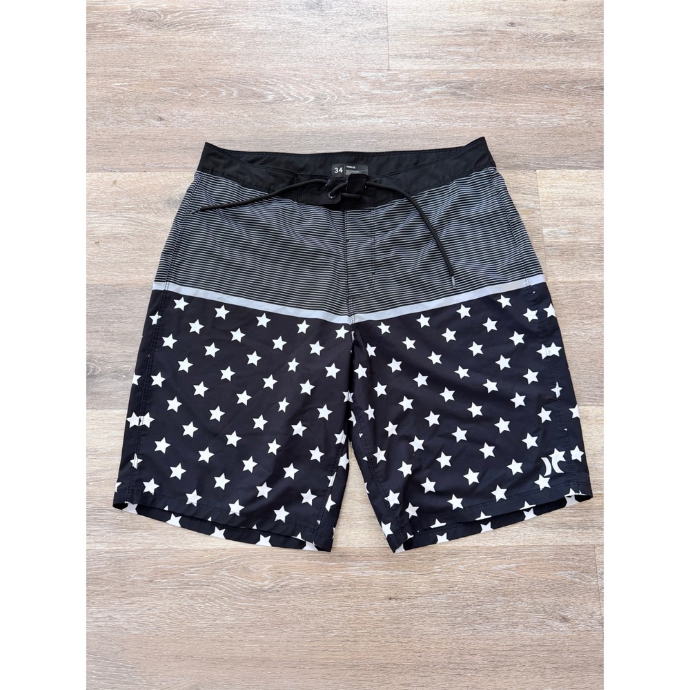 Hurley Mens Board Shorts Size 34 Black White Stars Stripes HSP21VMB-01952